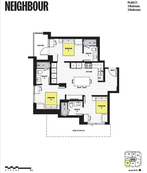Floor plan for 3 beds, 3 baths, 265 sqft